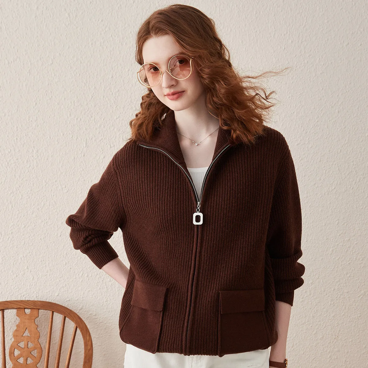 100% Wool Knit Zipper Cardigan with Pockets