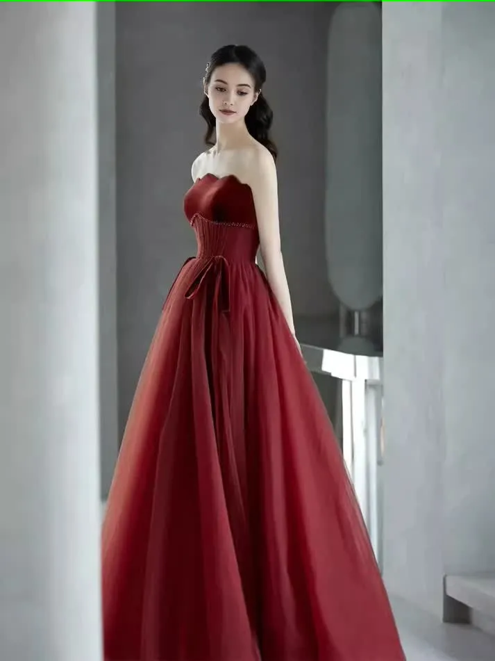 A line Burgundy Strapless Prom Dresses Evening Dress