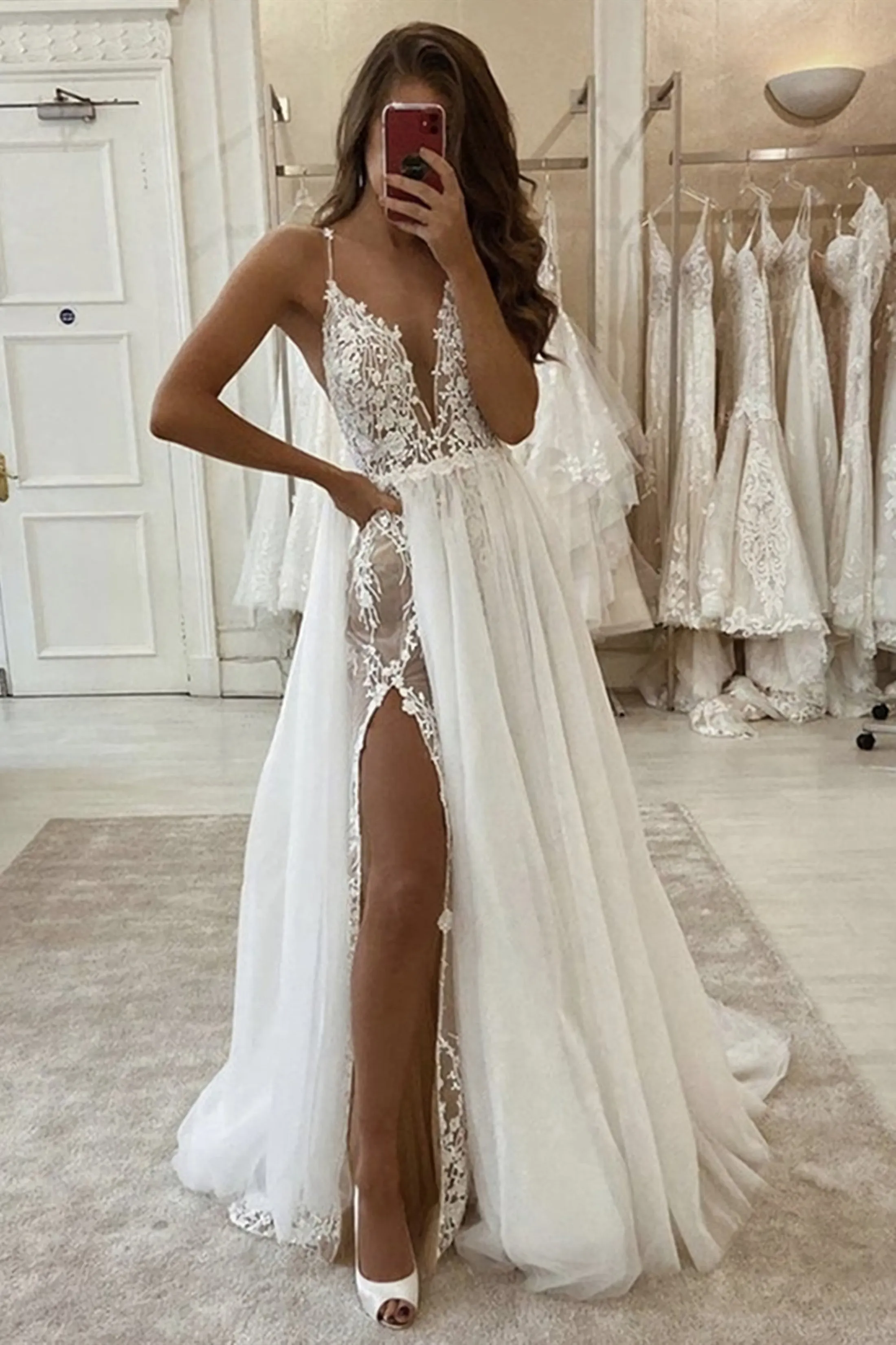 A Line V Neck Ivory Lace Long Evening Wedding Dress With High Slit Ivory Lace Formal Dresses