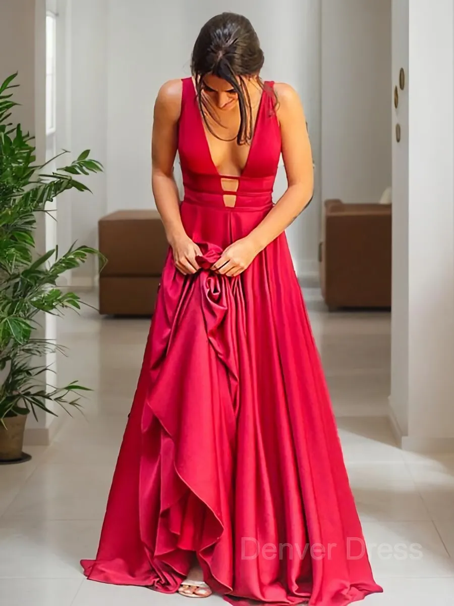 A-Line V-neck Sweep Train Elastic Woven Satin Evening Dresses With Ruffles