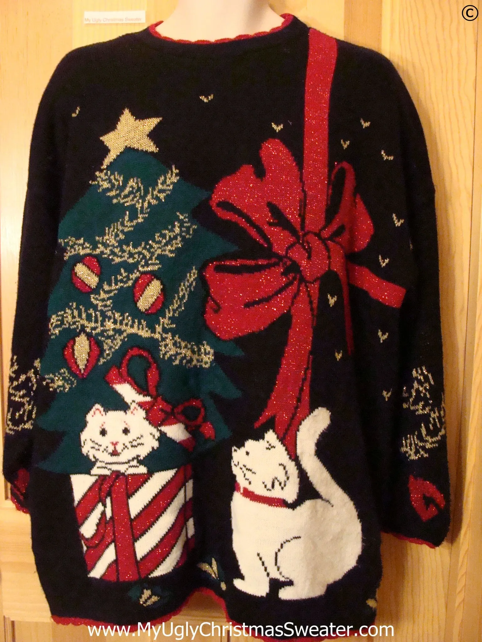 Black Tacky 80s White Cats Christmas Sweater