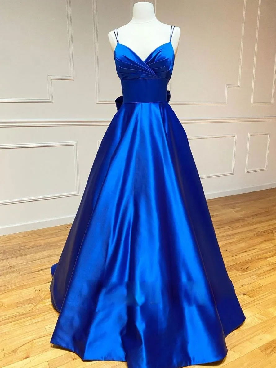 Blue v neck satin long prom dress blue evening dress