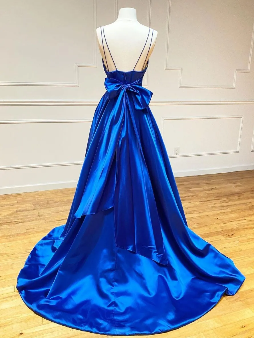 Blue v neck satin long prom dress blue evening dress