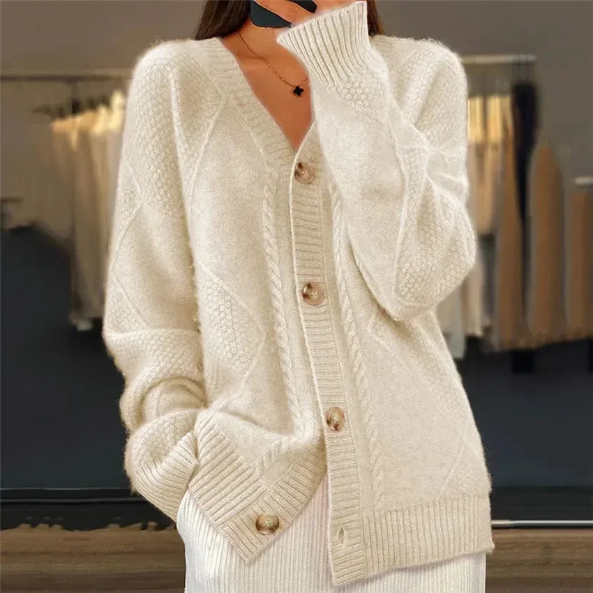 Breasted Trend Solid Color V-neck Knitted Brocade Long Sleeve Women Coats