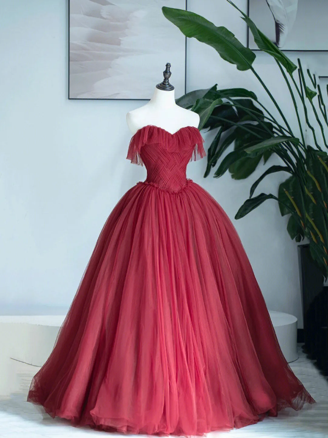 Burgundy Sweetheart Neckline Long Formal Dress A-Line Strapless Evening Dress