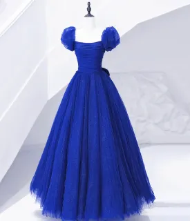 Cute Tulle Long Prom Dress with Bow Royal Blue Short Sleeve Evening Party Dress