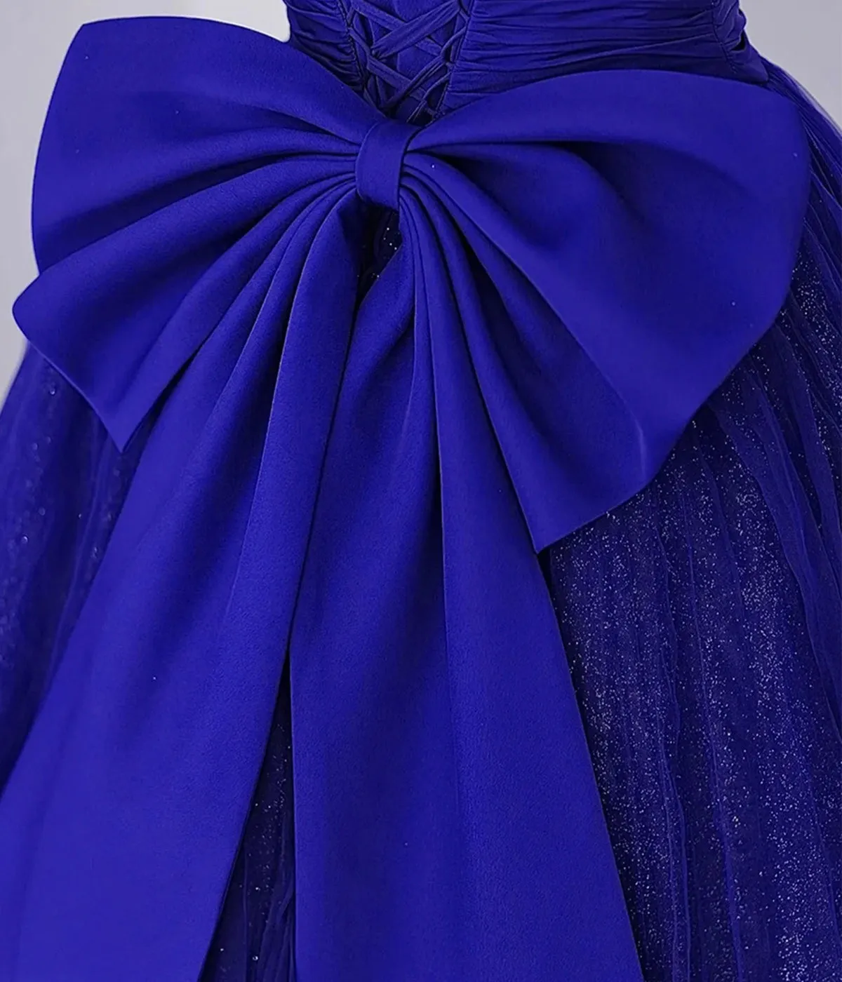 Cute Tulle Long Prom Dress with Bow Royal Blue Short Sleeve Evening Party Dress