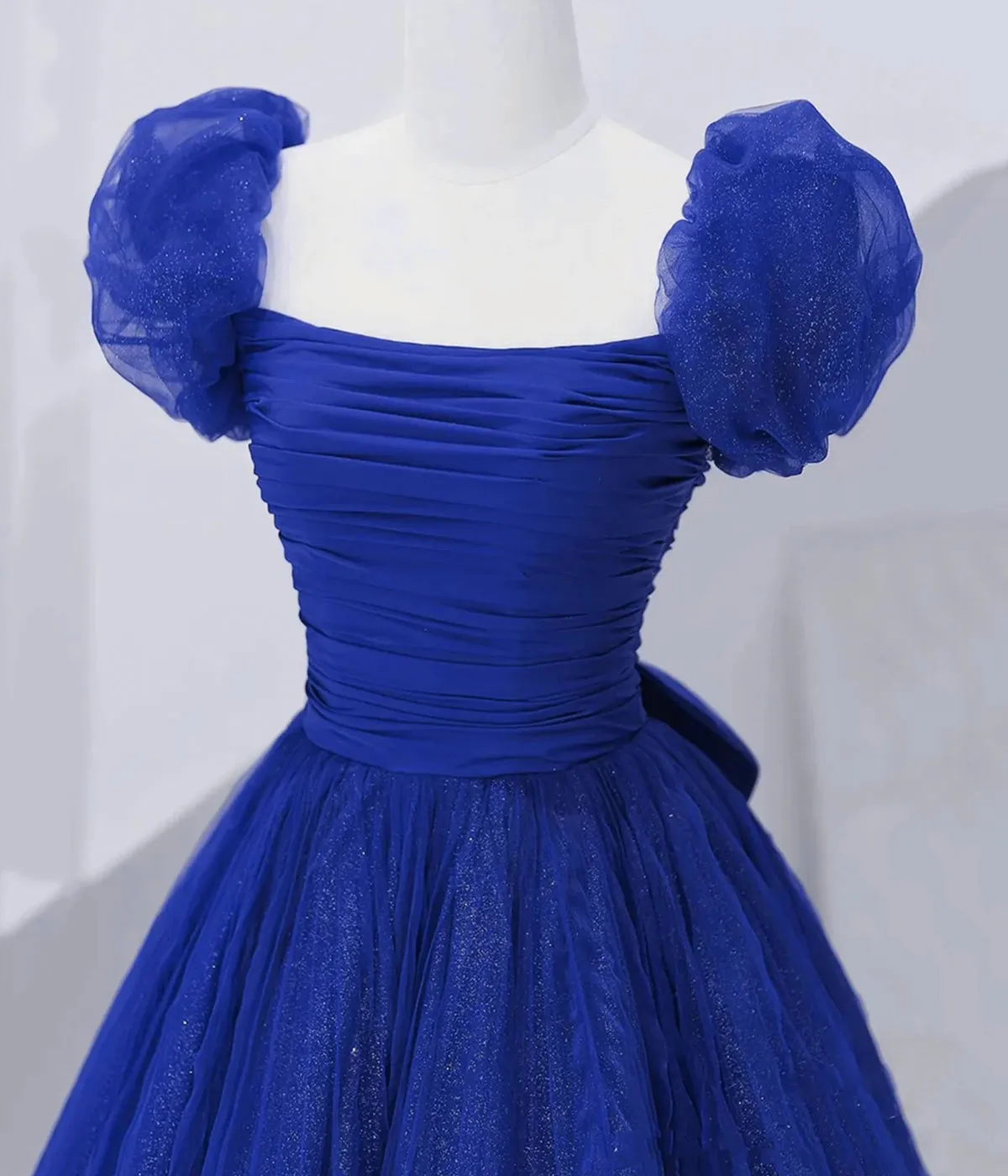 Cute Tulle Long Prom Dress with Bow Royal Blue Short Sleeve Evening Party Dress