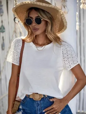 Fashion Casual Knit Crew Neck Hollow Embroidery Simple Solid Color Summer T-shirt