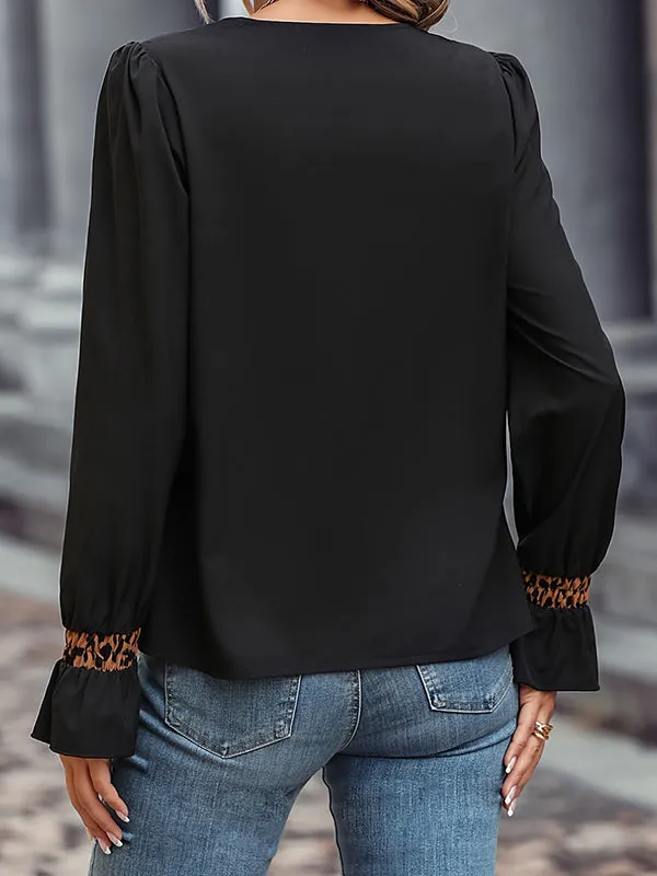 Flared Sleeves Long Sleeves Elasticity Leopard Split-Joint V-Neck Blouses&Shirts Tops