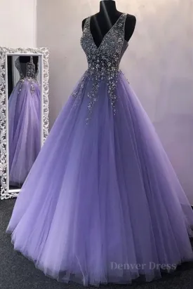 Gorgeous V Neck Beaded Purple Tulle Long Prom Dress V Neck Purple Formal Evening Dress Purple Ball Gown