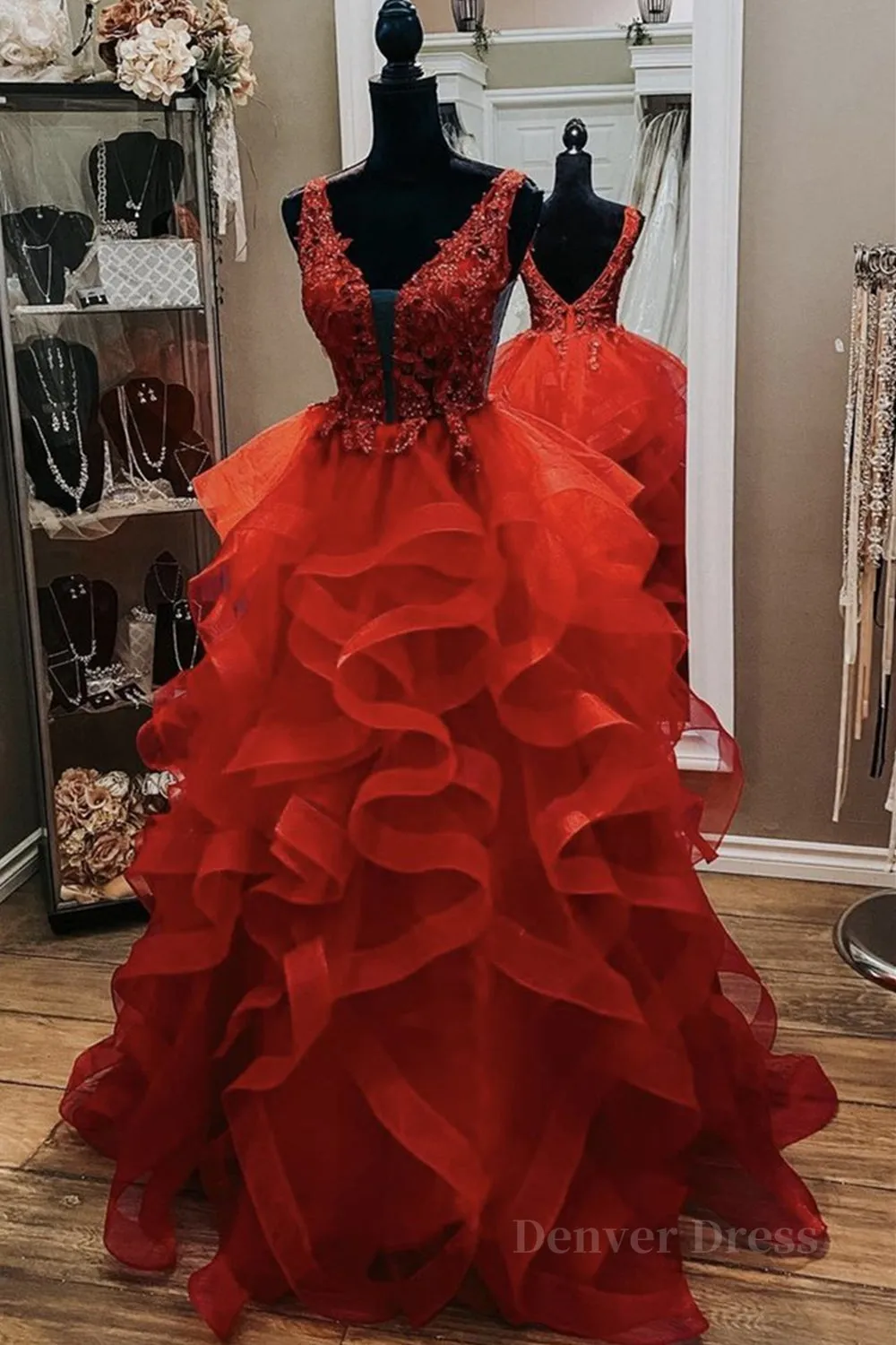 Gorgeous V Neck Open Back Red Lace Long Prom Dress Red Lace Formal Evening Dress Red Ball Gown