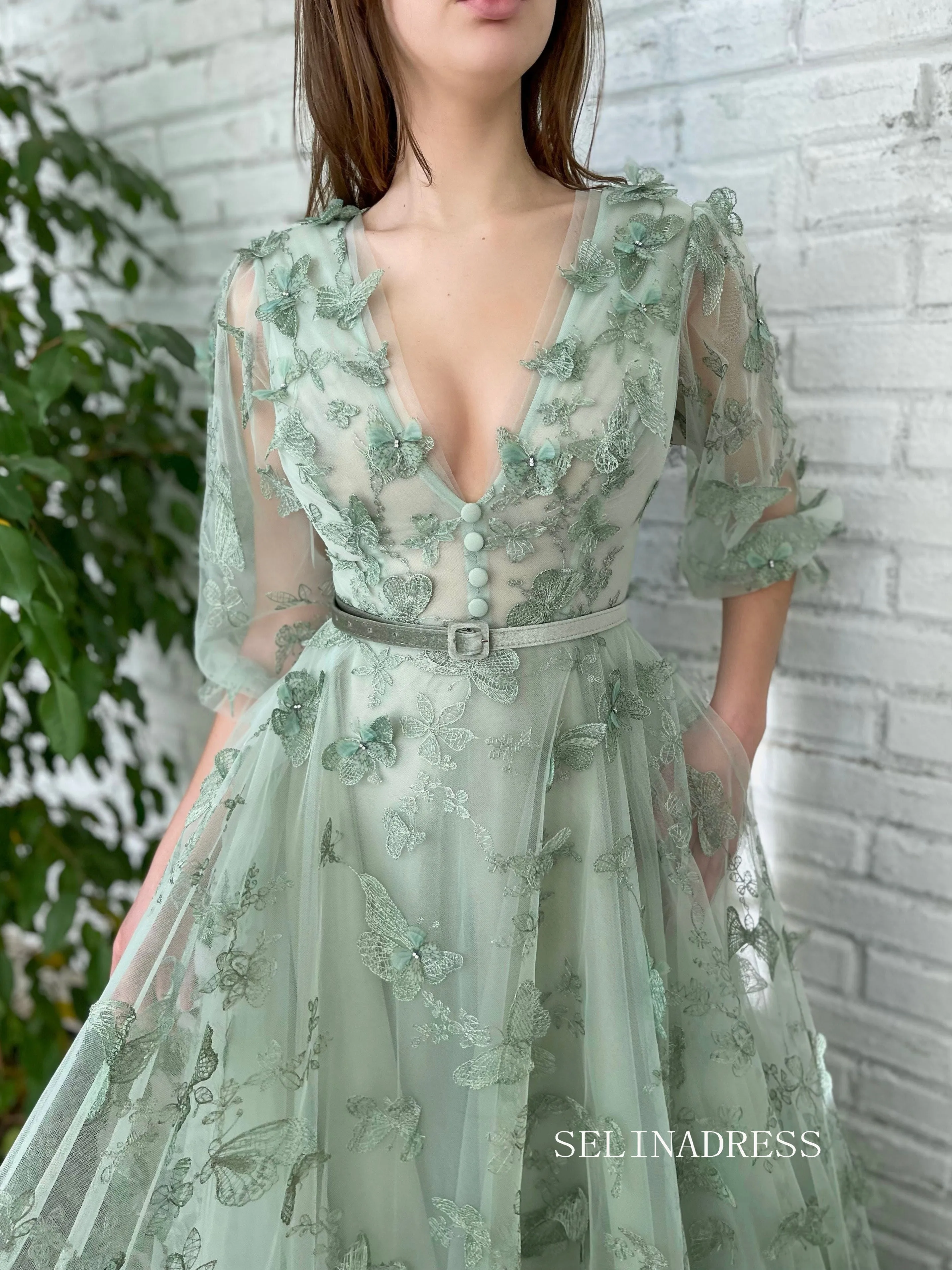 Green A-Line Dress With V-neck Belt Butterflies Beautiful Prom Dress Gorgeous Formal Dress #LPO003