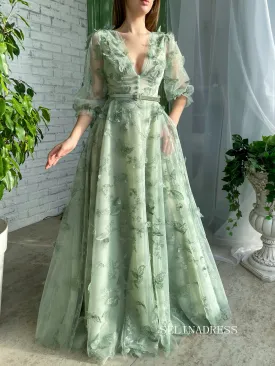 Green A-Line Dress With V-neck Belt Butterflies Beautiful Prom Dress Gorgeous Formal Dress #LPO003