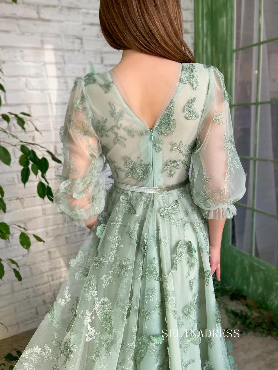 Green A-Line Dress With V-neck Belt Butterflies Beautiful Prom Dress Gorgeous Formal Dress #LPO003