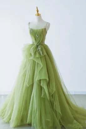 Green Spaghetti Strap Tulle Long Formal Evening Dress Green A-Line Prom Dress