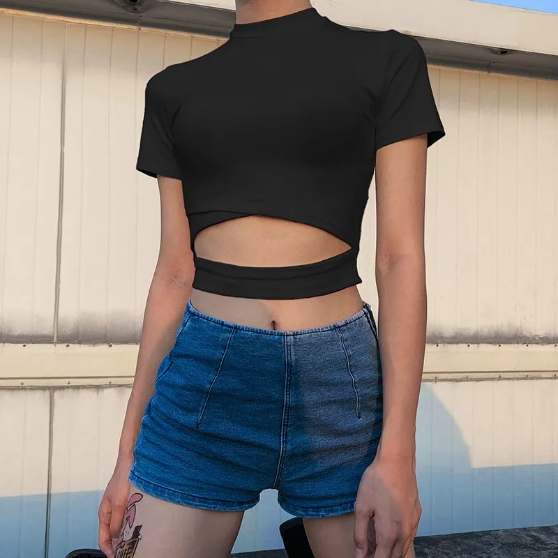 Harajuku Crop Top Hollow Out Casual Korean Style Bandage Tees