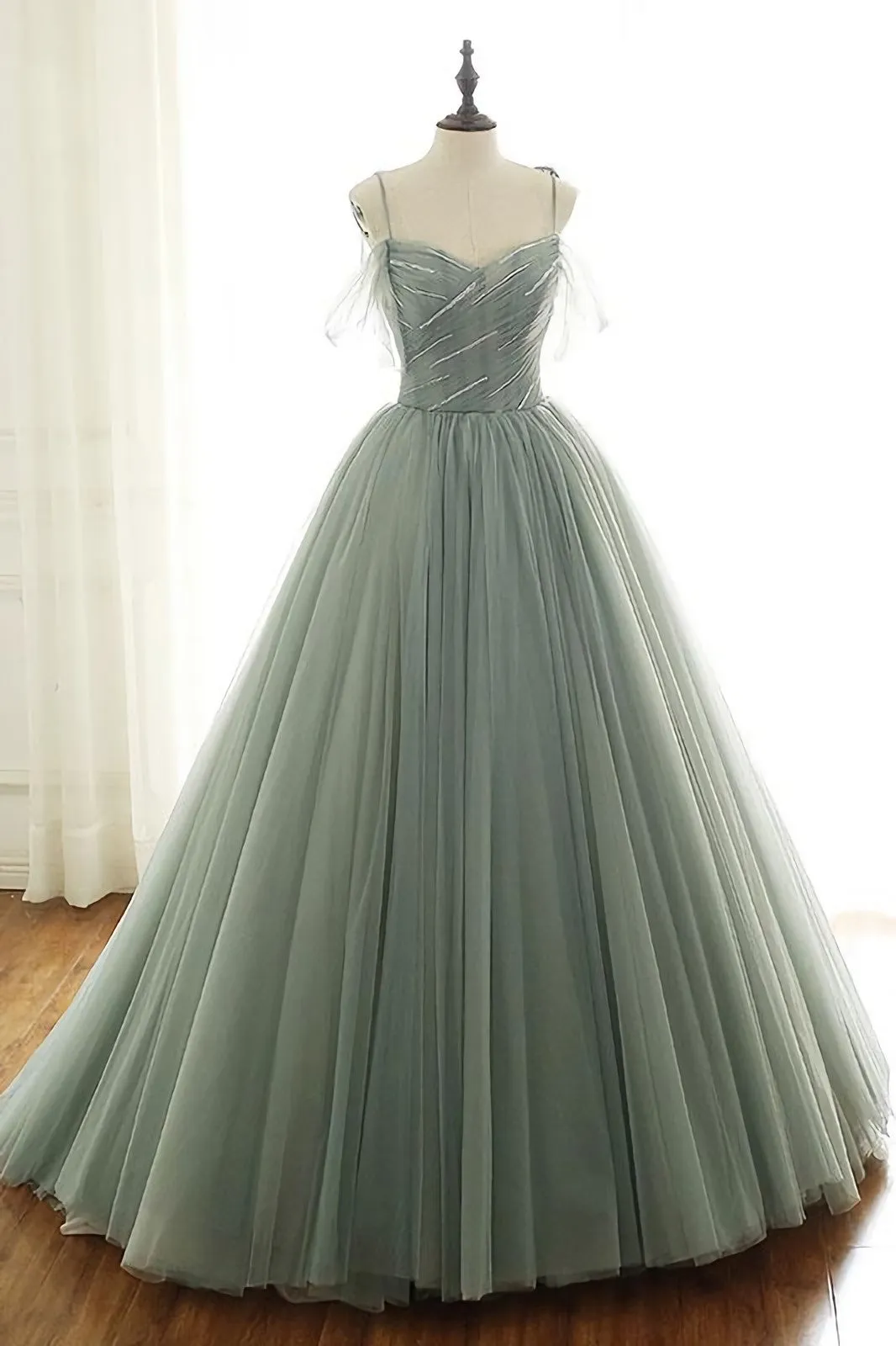 LIGHT GREEN TULLE LONG PROM DRESS