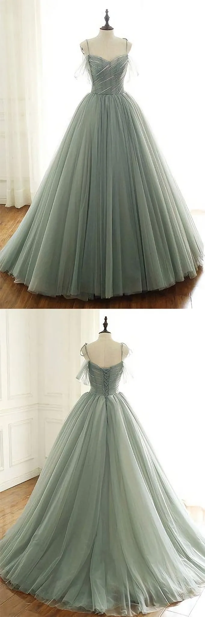 LIGHT GREEN TULLE LONG PROM DRESS