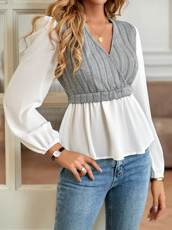 Long Sleeves Loose Asymmetric Elasticity Split-Joint V-Neck Blouses&Shirts Tops