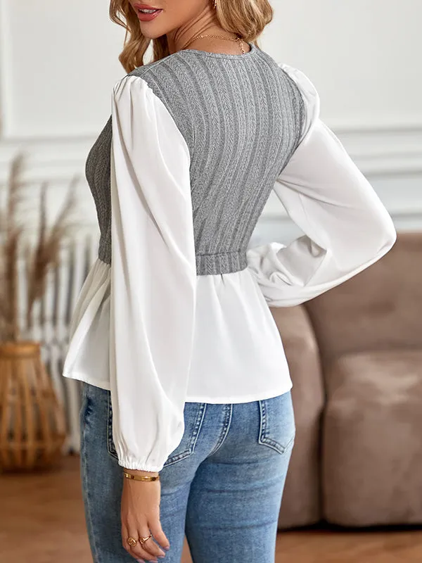 Long Sleeves Loose Asymmetric Elasticity Split-Joint V-Neck Blouses&Shirts Tops