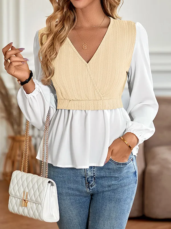 Long Sleeves Loose Asymmetric Elasticity Split-Joint V-Neck Blouses&Shirts Tops