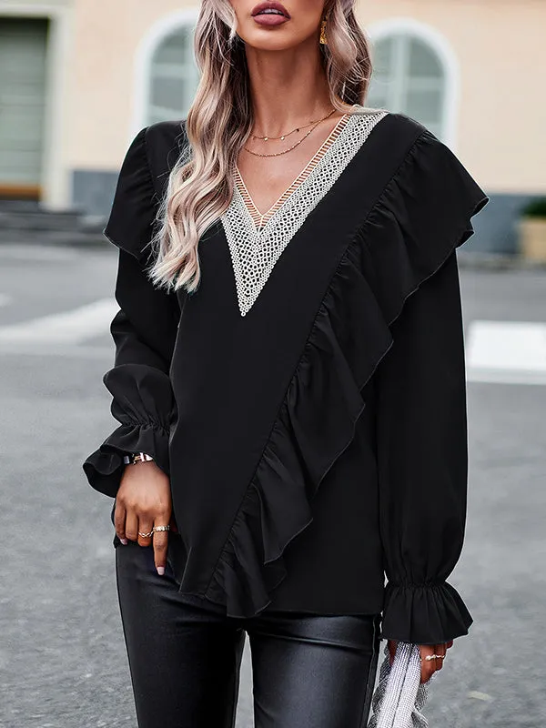 Long Sleeves Loose Asymmetric Hollow V-Neck Blouses&Shirts Tops