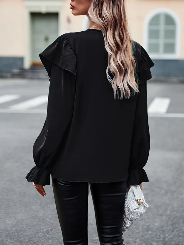 Long Sleeves Loose Asymmetric Hollow V-Neck Blouses&Shirts Tops