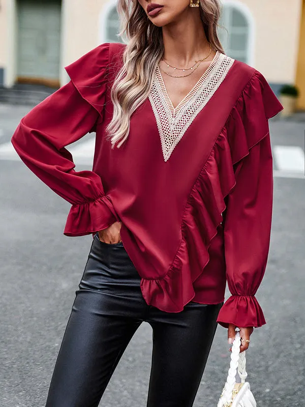 Long Sleeves Loose Asymmetric Hollow V-Neck Blouses&Shirts Tops