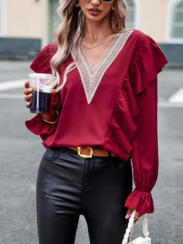 Long Sleeves Loose Asymmetric Hollow V-Neck Blouses&Shirts Tops