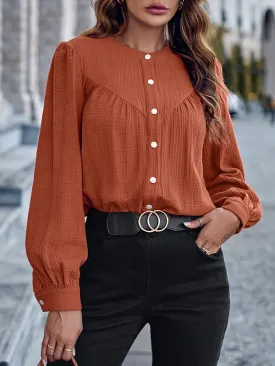 Long Sleeves Loose Buttoned Pleated Split-Joint Round-Neck Blouses&Shirts Tops