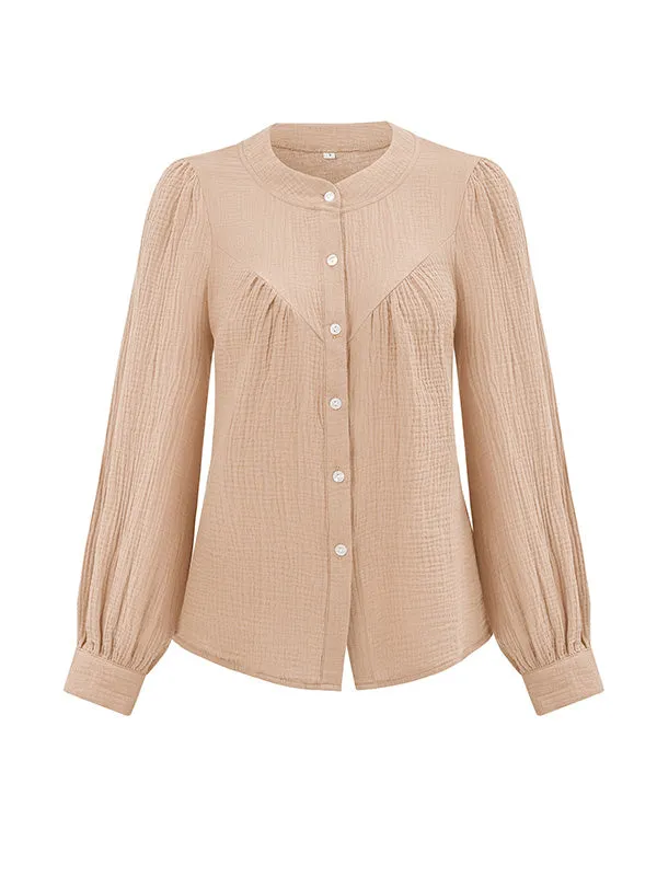 Long Sleeves Loose Buttoned Pleated Split-Joint Round-Neck Blouses&Shirts Tops