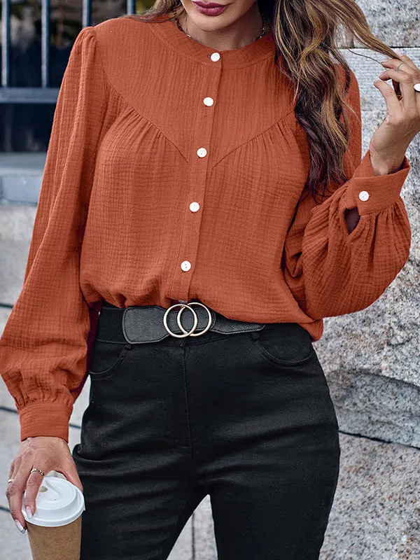 Long Sleeves Loose Buttoned Pleated Split-Joint Round-Neck Blouses&Shirts Tops