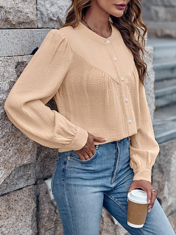 Long Sleeves Loose Buttoned Pleated Split-Joint Round-Neck Blouses&Shirts Tops