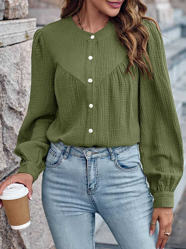 Long Sleeves Loose Buttoned Pleated Split-Joint Round-Neck Blouses&Shirts Tops