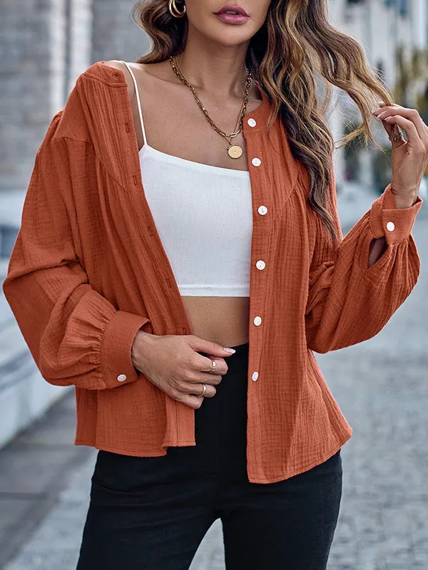 Long Sleeves Loose Buttoned Pleated Split-Joint Round-Neck Blouses&Shirts Tops