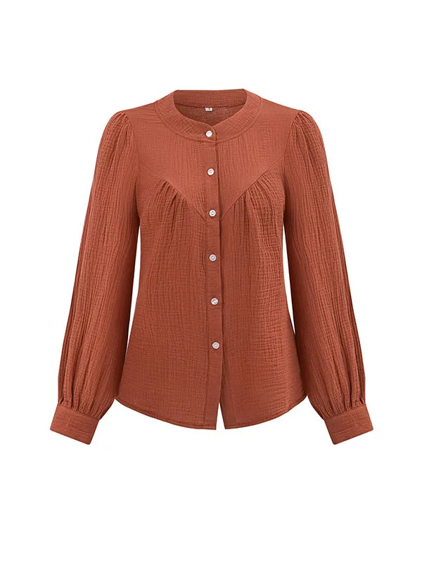 Long Sleeves Loose Buttoned Pleated Split-Joint Round-Neck Blouses&Shirts Tops