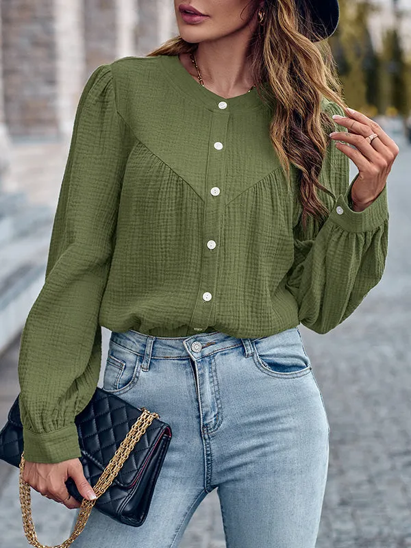 Long Sleeves Loose Buttoned Pleated Split-Joint Round-Neck Blouses&Shirts Tops