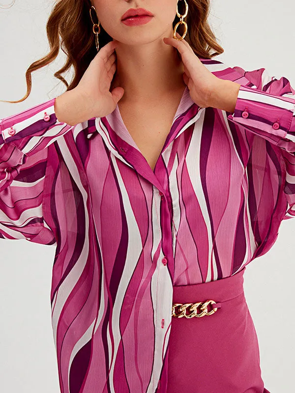 Long Sleeves Loose Contrast Color Striped Lapel Blouses