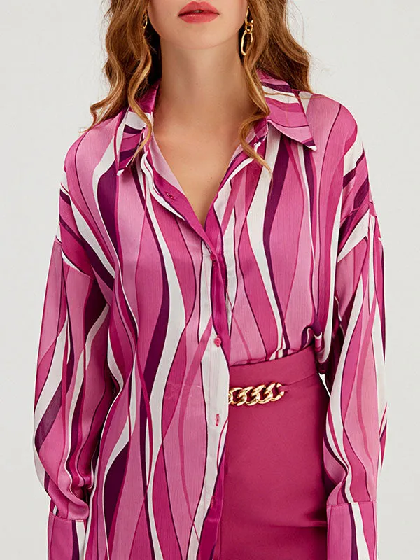 Long Sleeves Loose Contrast Color Striped Lapel Blouses