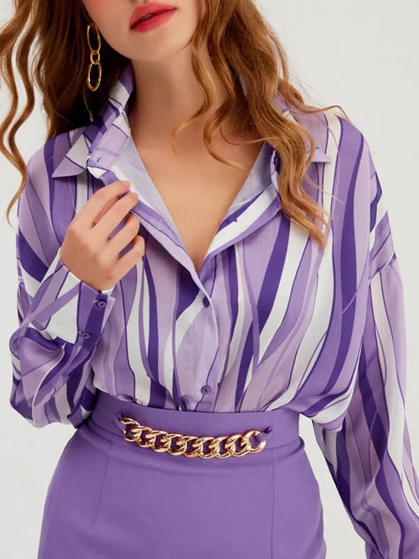 Long Sleeves Loose Contrast Color Striped Lapel Blouses