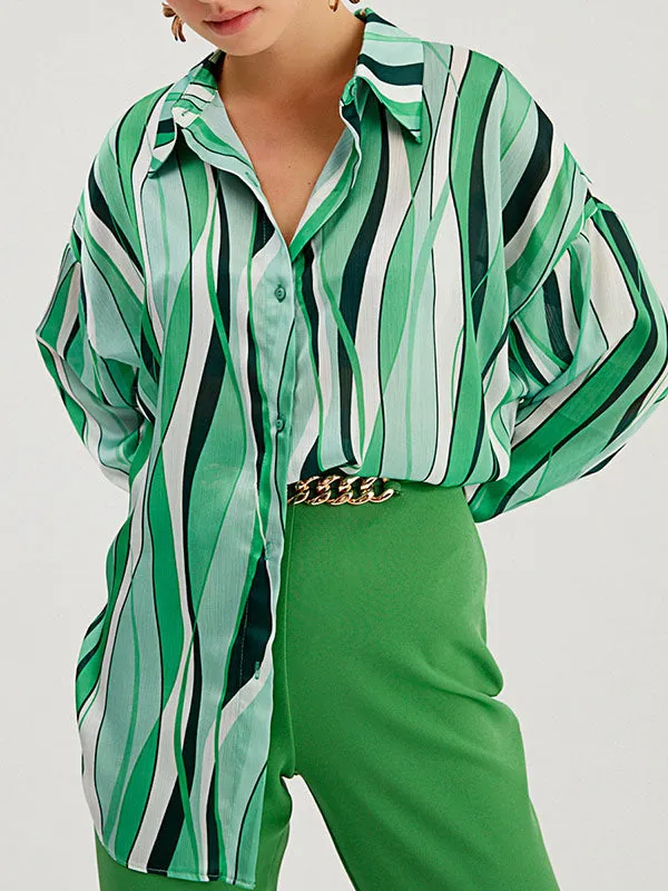 Long Sleeves Loose Contrast Color Striped Lapel Blouses