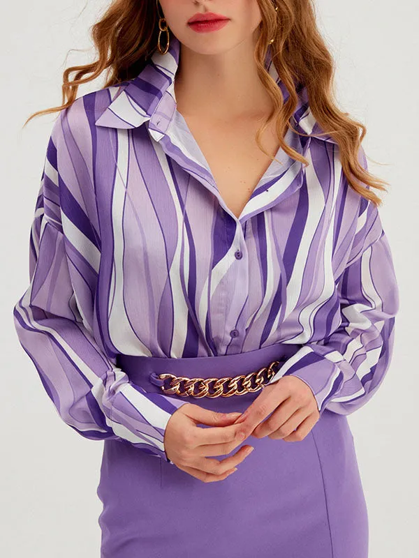 Long Sleeves Loose Contrast Color Striped Lapel Blouses