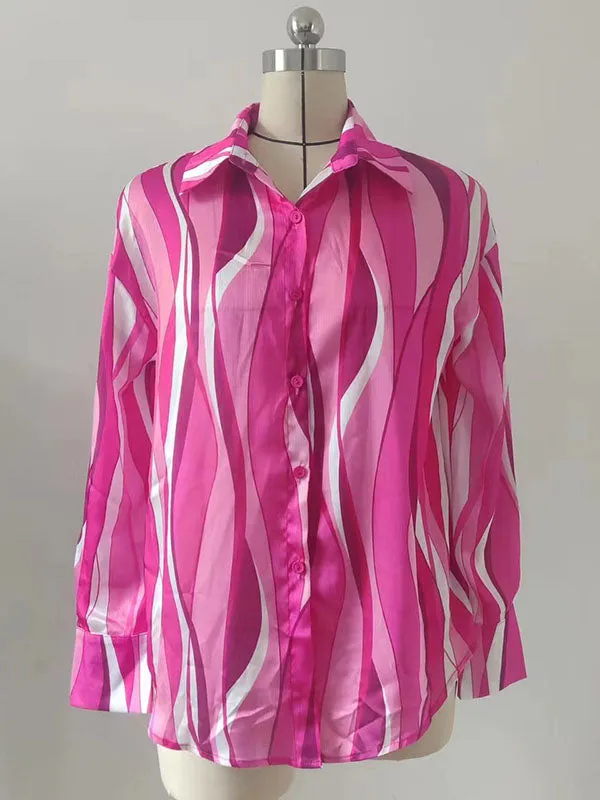 Long Sleeves Loose Contrast Color Striped Lapel Blouses