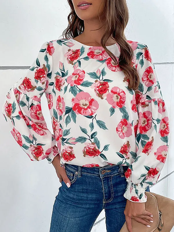 Long Sleeves Loose Elasticity Flower Print Round-Neck Blouses&Shirts Tops