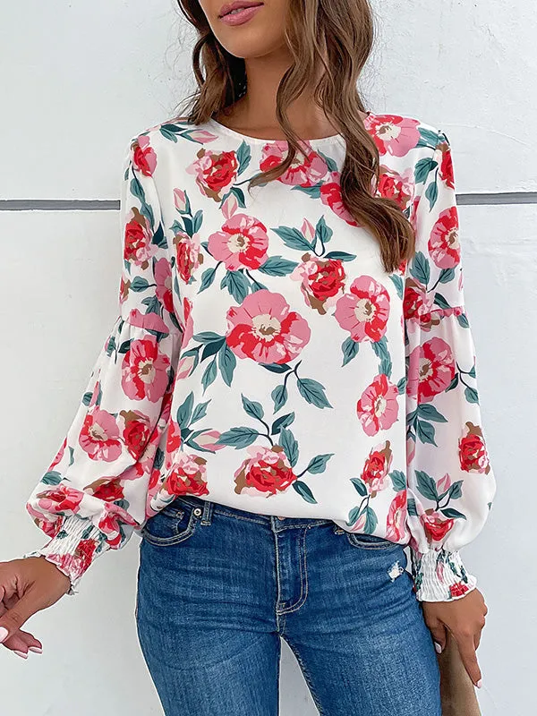 Long Sleeves Loose Elasticity Flower Print Round-Neck Blouses&Shirts Tops