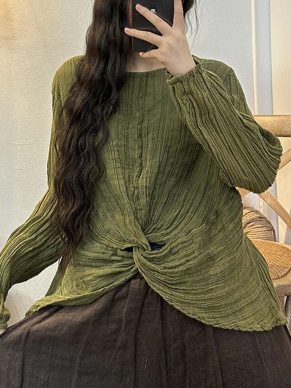 Long Sleeves Loose Pleated Solid Color Round-Neck Blouses&Shirts Tops