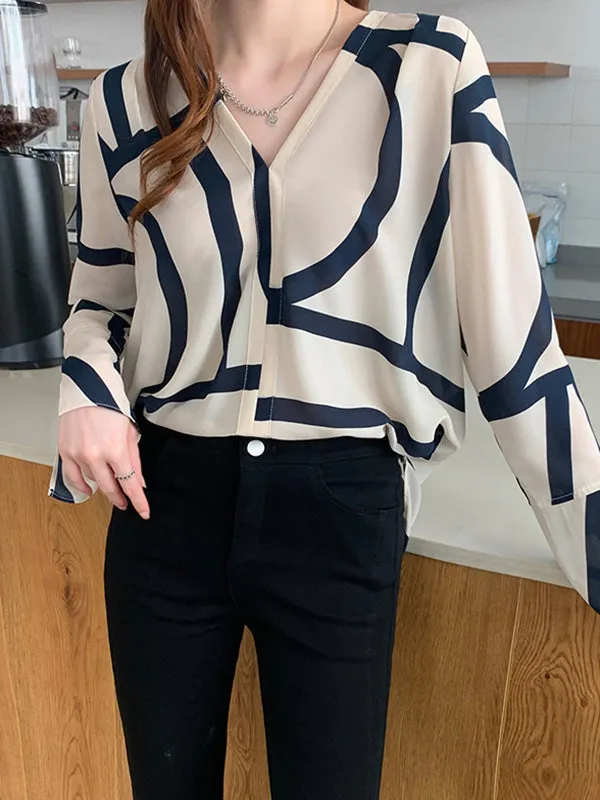 Long Sleeves Loose Printed Split-Side V-Neck Blouses&Shirts Tops