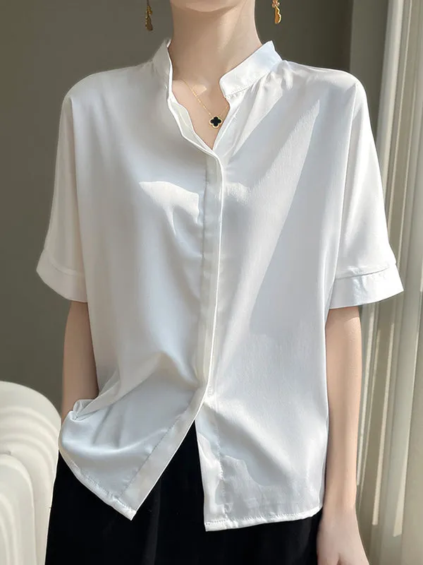 Loose Short Sleeves Buttoned Solid Color Stand Collar Blouses&Shirts Tops