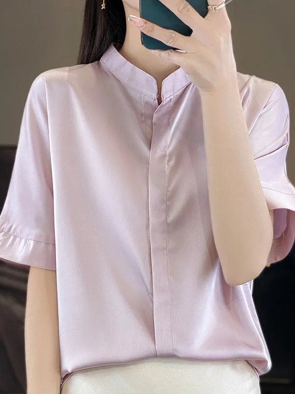 Loose Short Sleeves Buttoned Solid Color Stand Collar Blouses&Shirts Tops